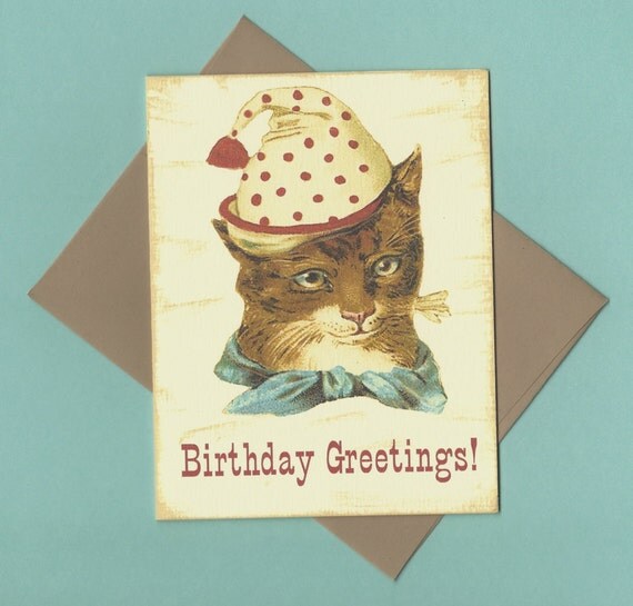 Victorian Cat Birthday Card, Vintage Style Birthday Card, Circus Clown Hat