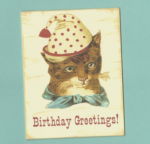 Victorian Cat Birthday Card, Vintage Style Birthday Card, Circus Clown Hat