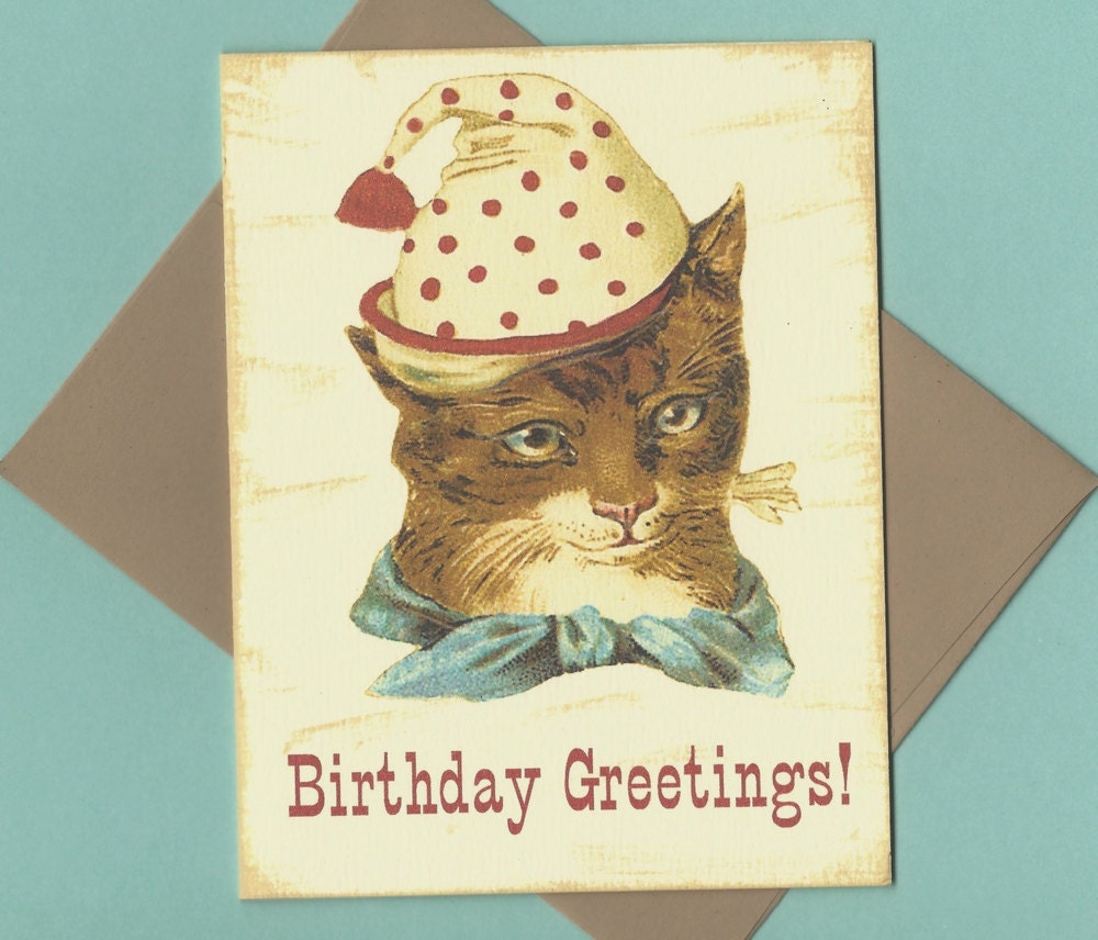 Victorian Cat Birthday Card, Vintage Style Birthday Card, Circus Clown Hat