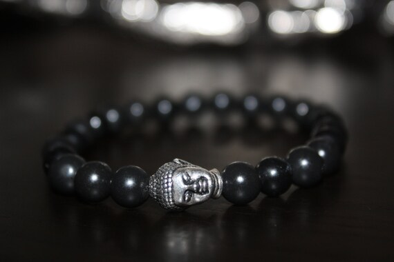 Men's Beaded Bracelet with Black Onyx Semi Precious Gemstones and Silver Buddha Head