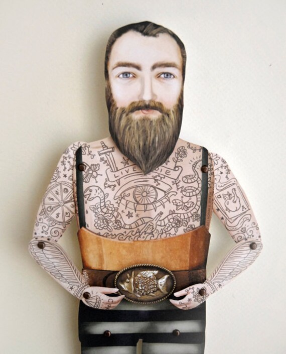 Victorian Tattooed Bearded Man Paper Puppet From crankbunny