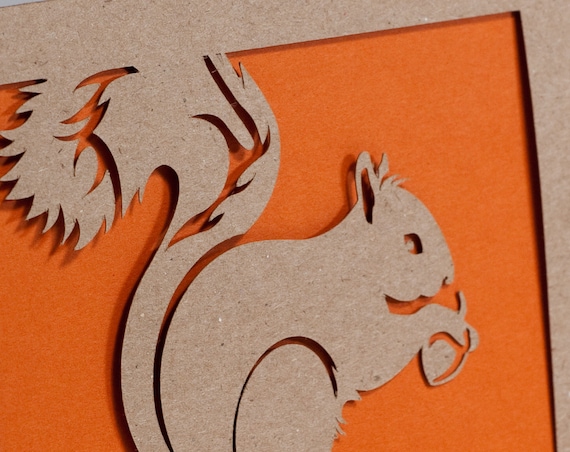 Squirrel Card of Cut Paper in Kraft Brown and Orange
