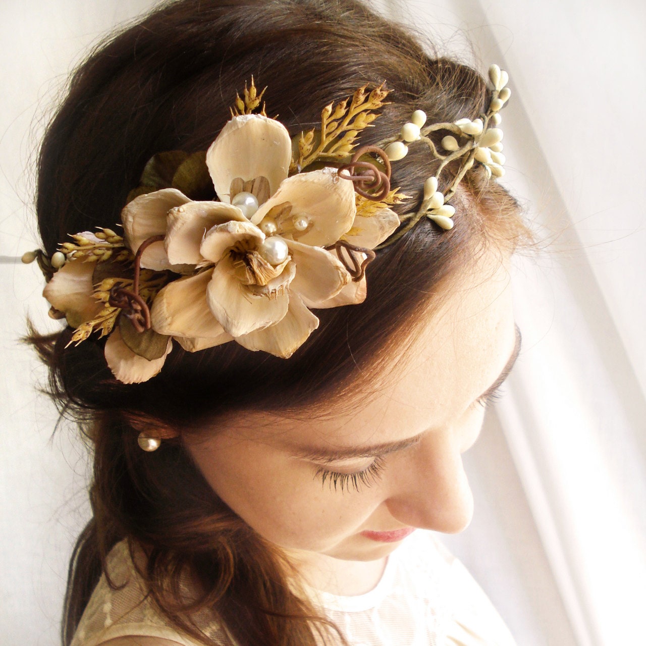 rustic wedding head piece - WILDWOOD - woodland, ivory floral crown, boho bridal