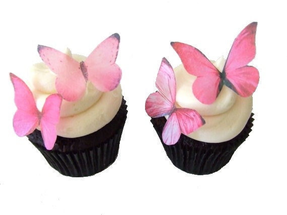 24 Mariposas de obleas comestibles - 24 más bonitos Pink - Accesorios de la magdalena