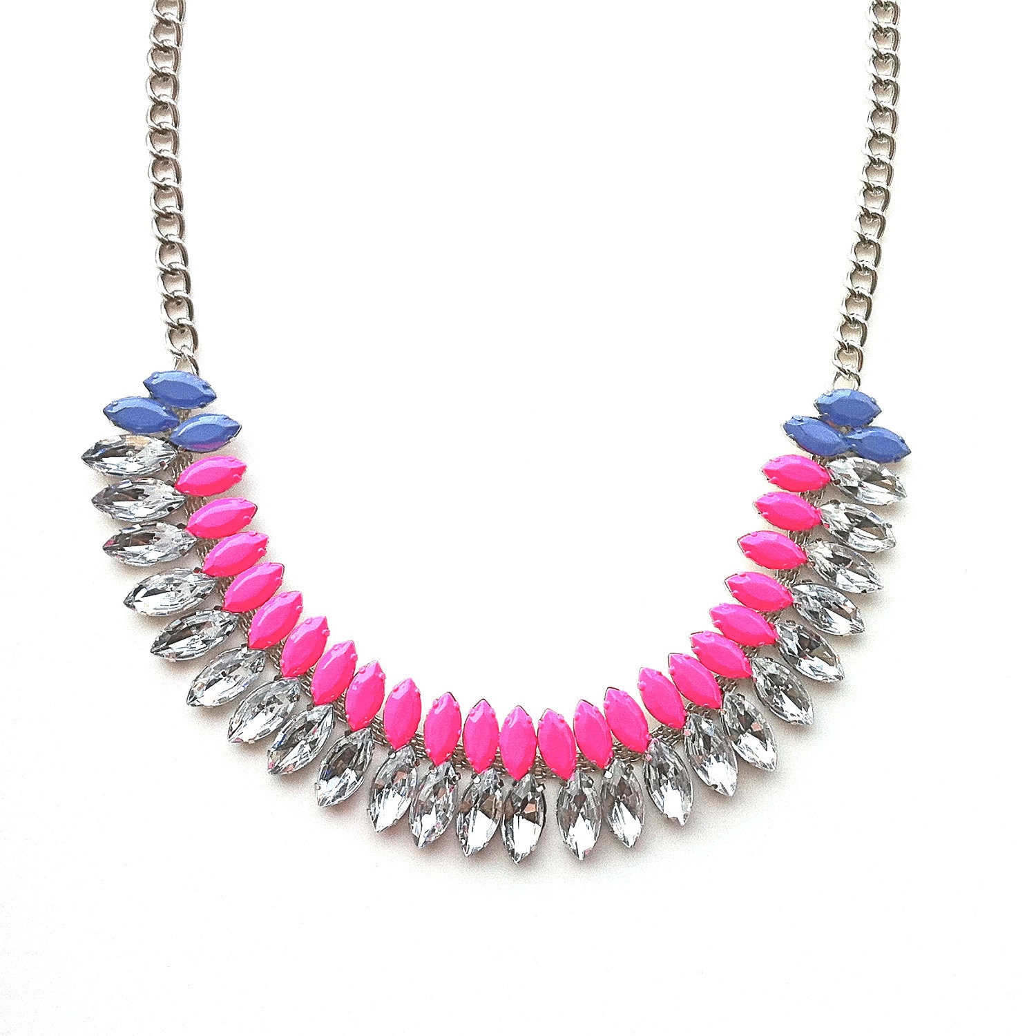 Neon Pink and Periwinkle Hand-painted Crystal Necklace