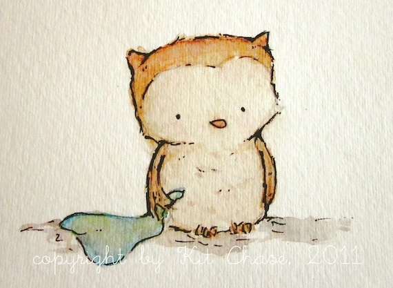 ORIGINAL PAINTING Little Owl 5x7 nursery art for baby and children