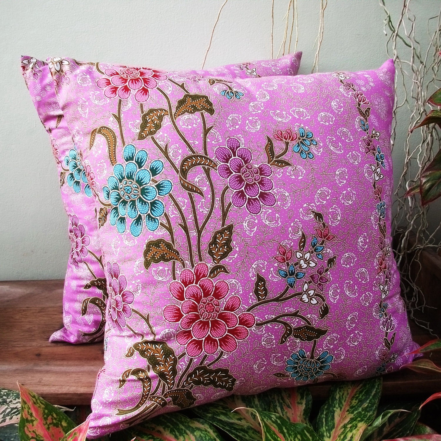 Light Purple  Floral Authentic Javanese Batik sofa Throw decorative pillow cushion covers 18 inches