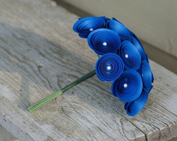 Royal Blue Bouquet -- Sodalite Blue Paper Flowers Flowers with Silver Beads -- Medium Bridesmaids Bouquet