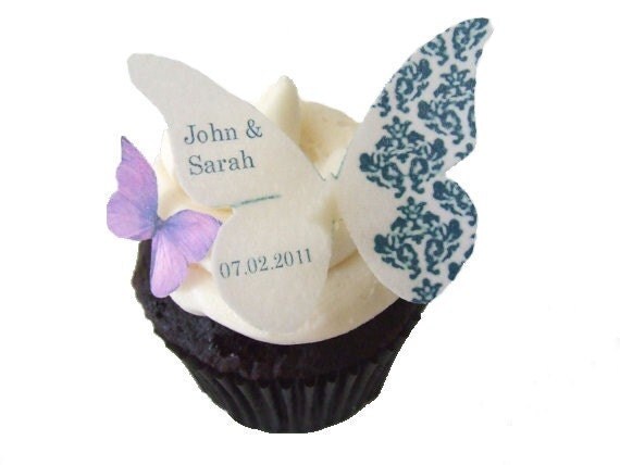 12 Edible Wafer Butterflies Damask Wedding Cupcakes black and white 