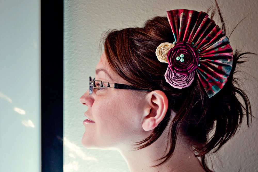 Rosette and Fabric Fan Hair Barrette FREE SHIPPING