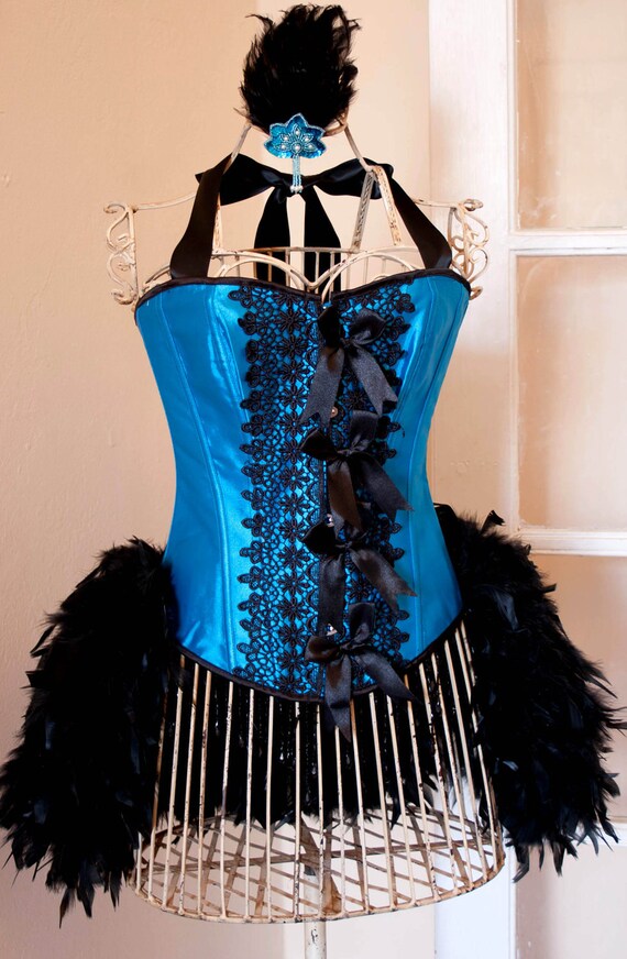 PEACOCK Blue Black Burlesque Corset Costume for Halloween