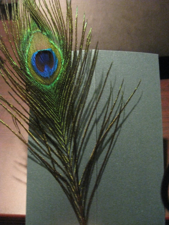 Peacock Feather Gatefold Wedding Invitations Metallic Gold and Emerald with