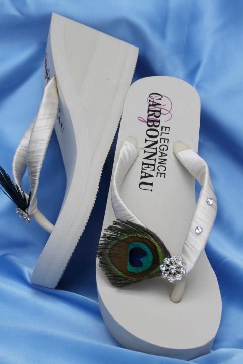 Ivory Wedge Bridal Flip Flops with Peacock Feathers and Crystals