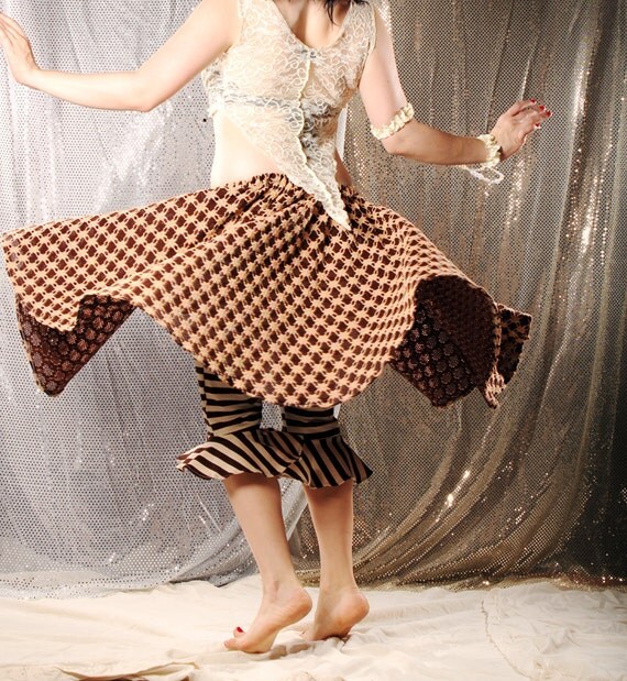 Brown Stripe Bloomer Pants, Carnival knickers, Knee length Stretch Cotton, Yoga. tan coffee Medium