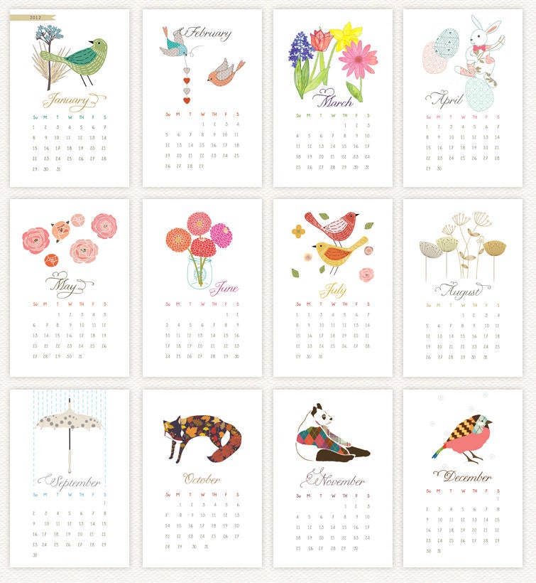 Printable Whimsical Mini Calendar 2012 - You Print - DIY