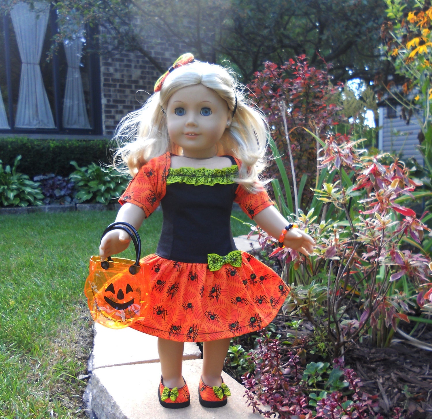 American Girl Clothes - Halloween Dress - Orange Black Spiders - including Shoes - fits 18" Dolls