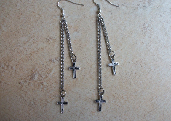 Double Cross Silver Chain Earrings