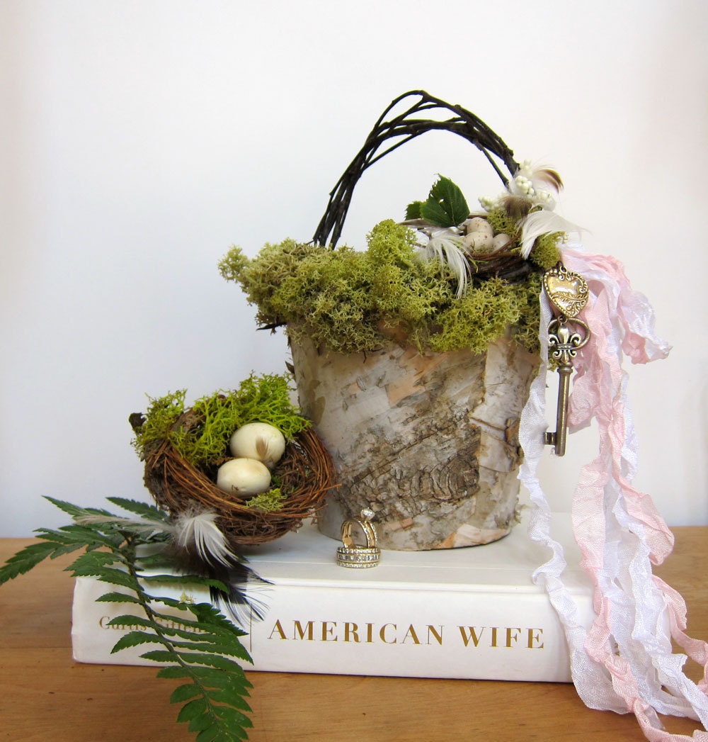 Birch Bark Flower Girl Basket with Moss, Nest and Eggs Nature Inspired Wedding