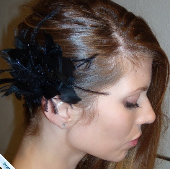 Black Ostrich Feather Bridal Clip Wedding Hair Piece Black Pearl Accent 