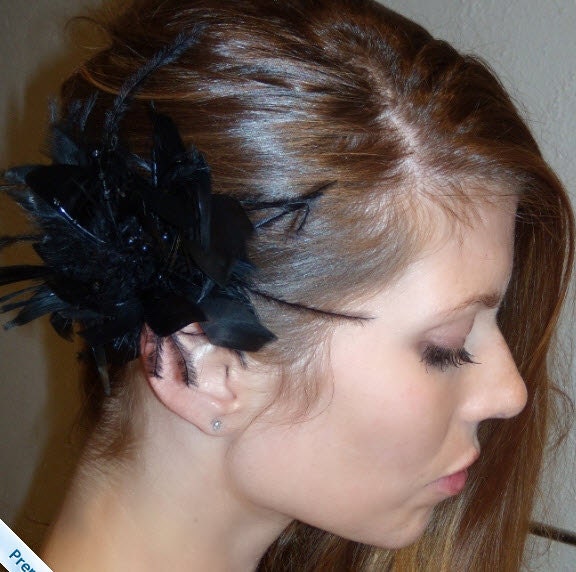 Black Ostrich Feather Bridal Clip Wedding Hair Piece Black Pearl Accent