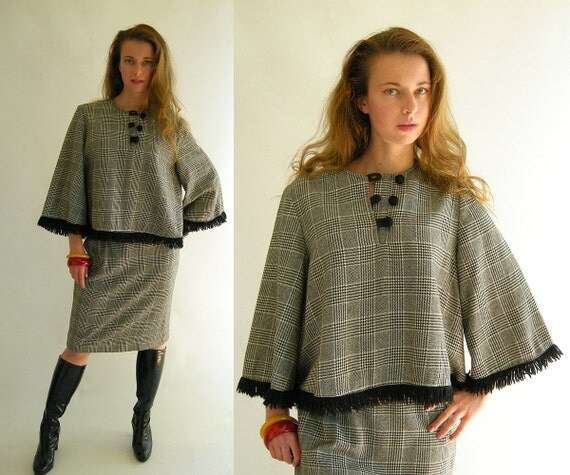 Fringed Poncho Top Skirt Suit Set Vintage 60s Black by empressjade from etsy.com