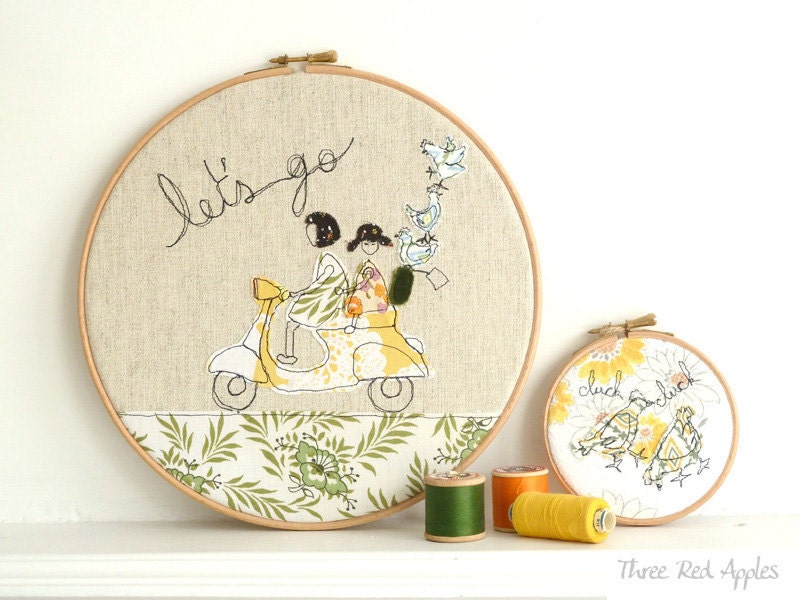 Embroidery Hoop Art - 'Let's go' Textile illustration in yellow & green - large 10" hoop