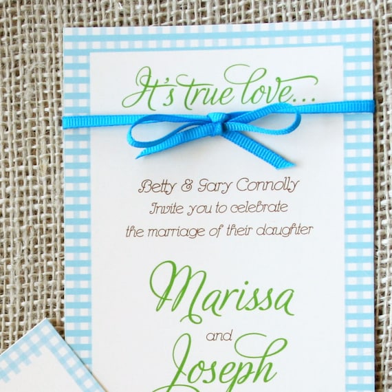 Gingham Country Wedding Invitation with Ribbon Long 9 by 4 inches Modern 