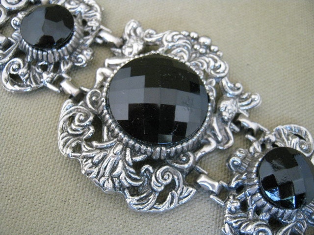 Vintage Art Nouveau Bracelet Chunky Black Glass Stones