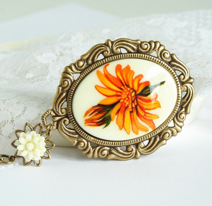 Cameo Necklace With Large Orange Daisies Set in Brass Frame