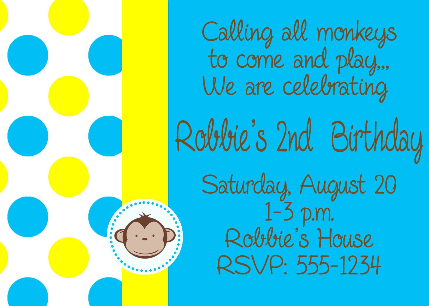 Boy Mod Monkey Custom Party Thank you card in Yellow and Blue