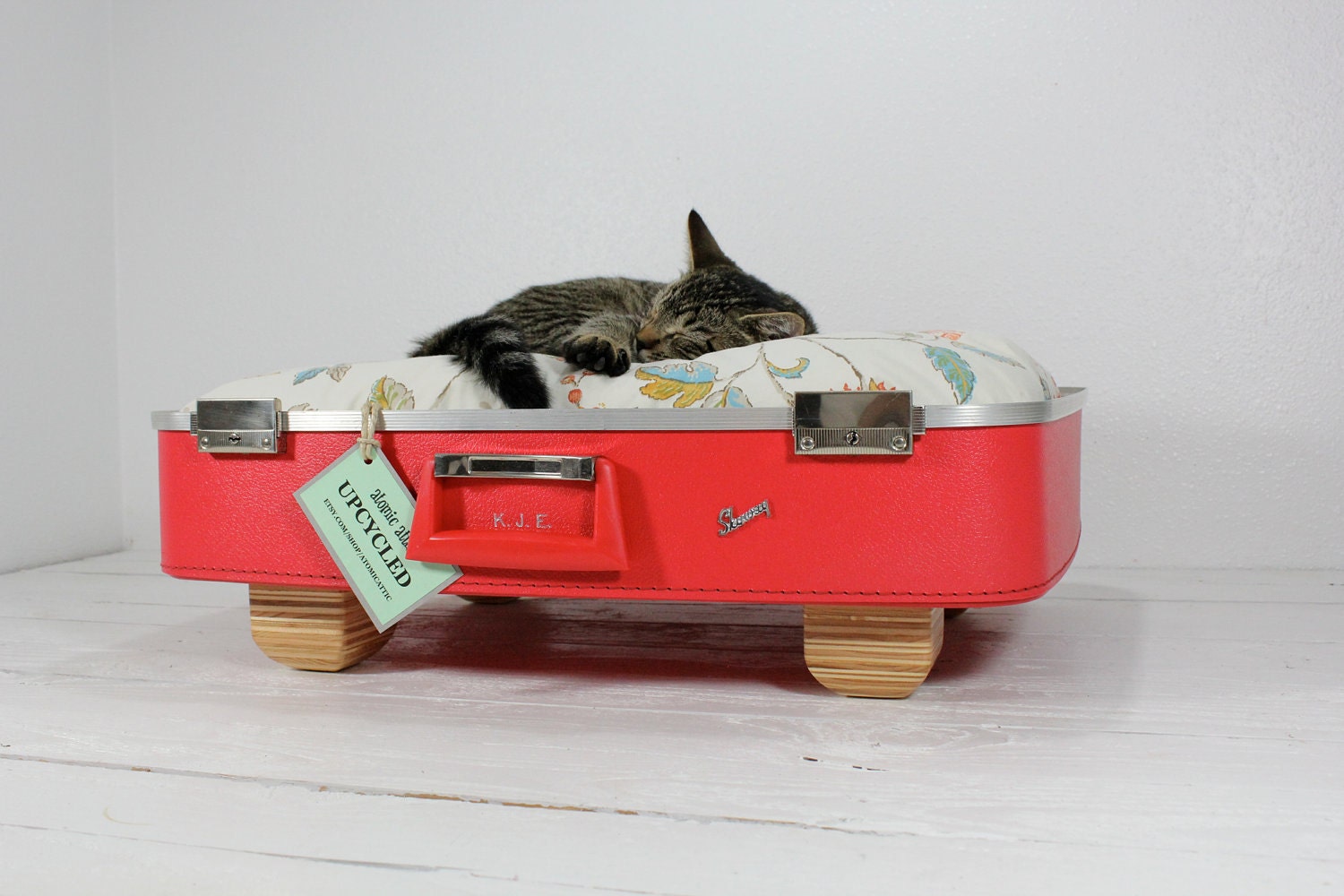 Upcycled Vintage Red Suitcase Pet Bed