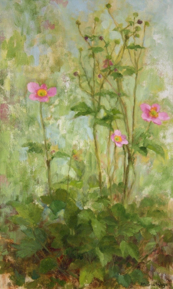 Plant Painting Original Oil Painting Flowers pink green Anemones Blossoms Leaves Garden Landscape rustic natural 12 x 20 inches