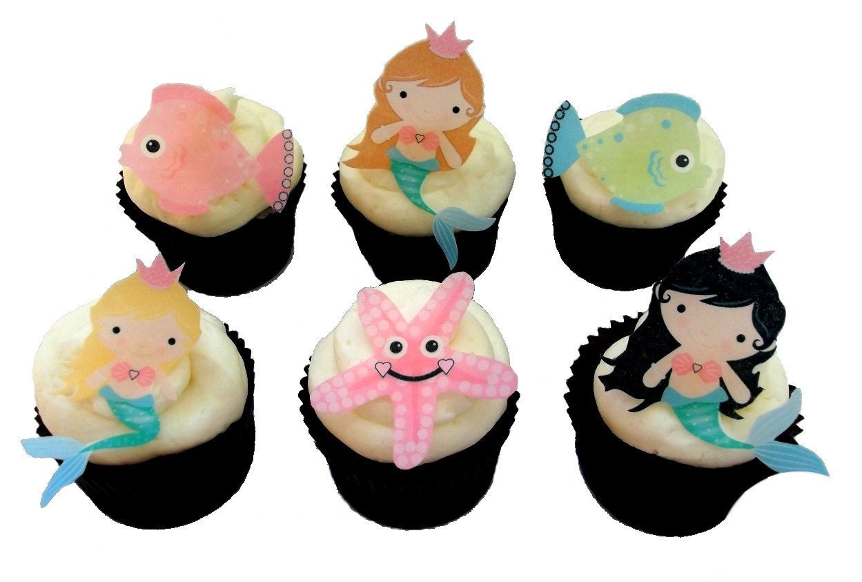 24 EDIBLE MERMAID Cupcake Toppers - Theme Birthday Party Decorations