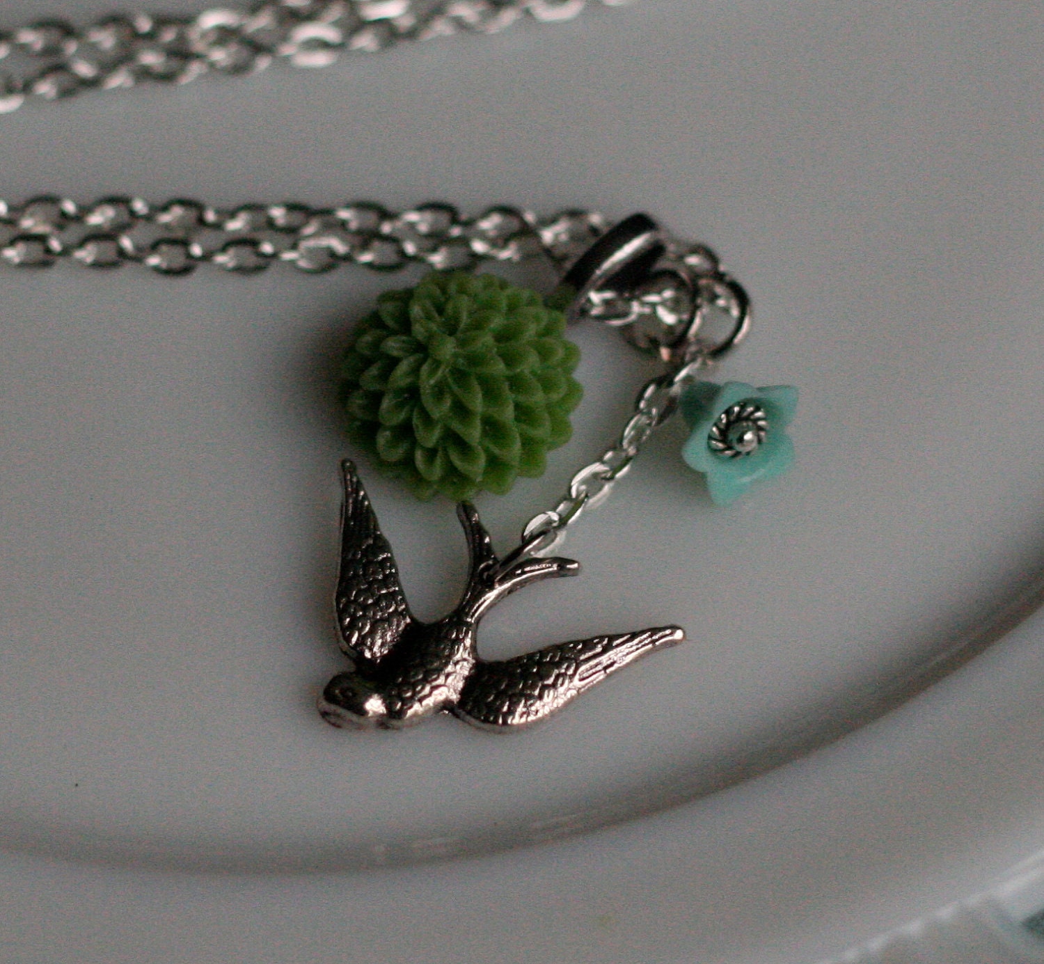 Swallow and Moss Mum Charm Necklace -- Antique Silver