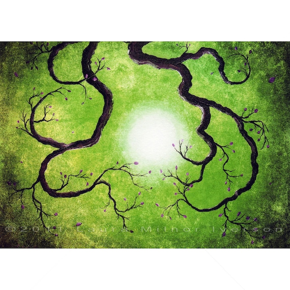 Green Tree Branch Zen Grunge Moon Nature Surreal Dark Art Print