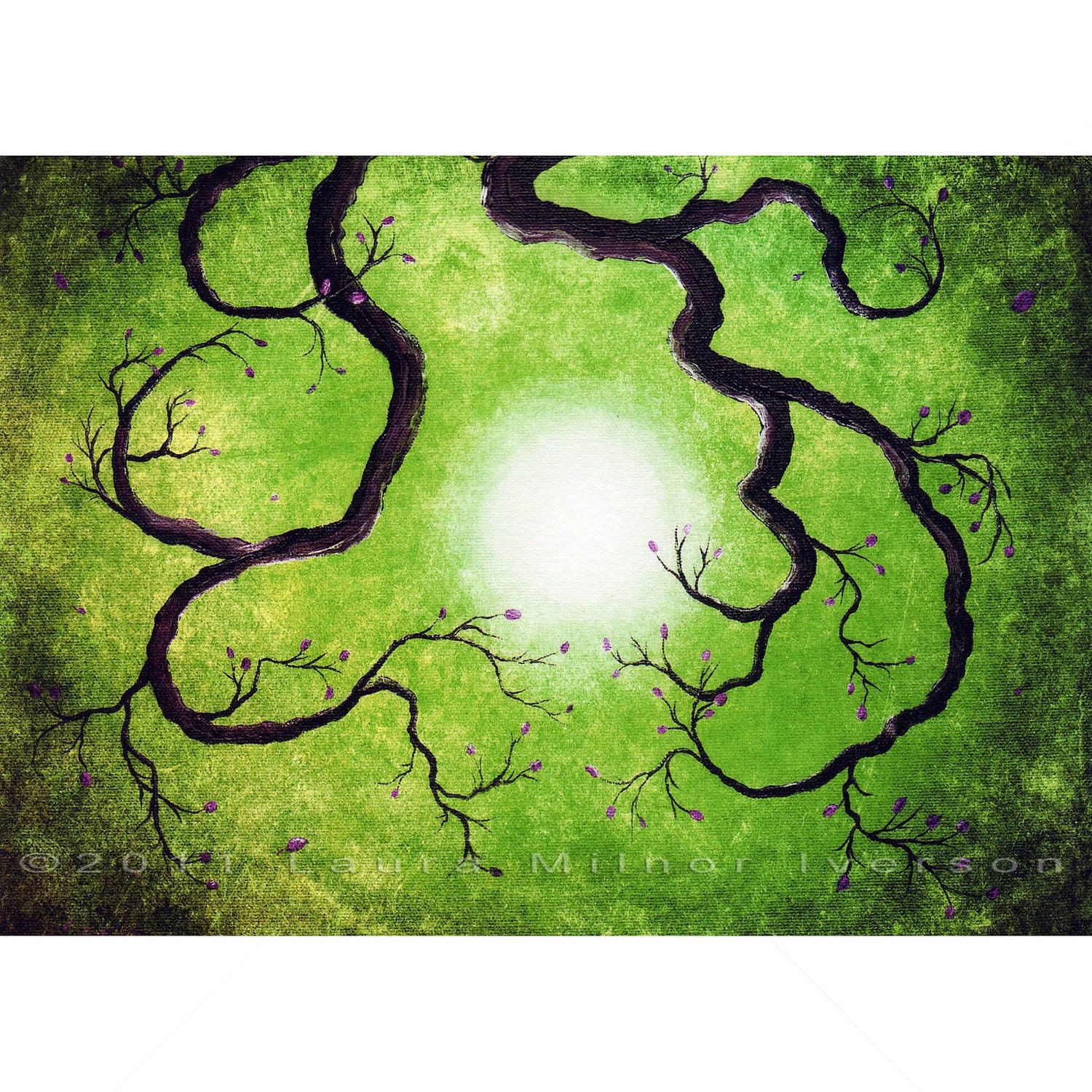 Green Tree Branch Zen Grunge Moon Nature Surreal Dark Art Print