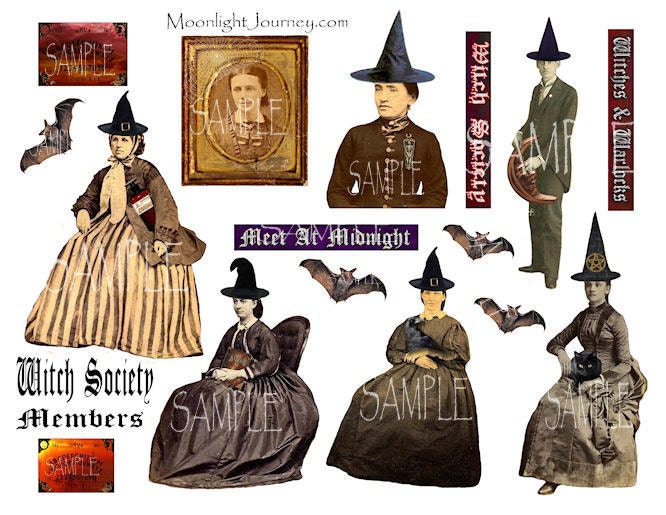WiTcH SoCiEtY MeMbErS collage sheet large witches warlocks halloween gothic vintage word strips man woman