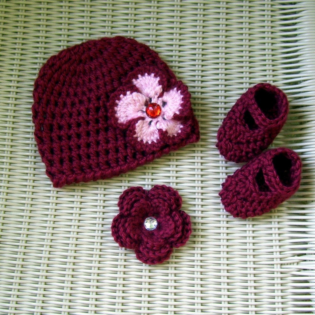 RESERVED for MOMADONNAS  - Crocheted Hat & Mary Janes Red- Interchangeable Flowers Newborn Girl
