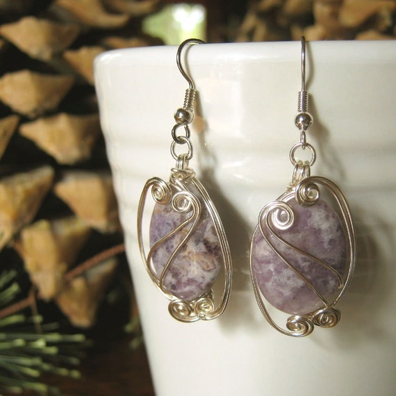 Crazy Lace Agate Wire Wrapped Earrings - Lavender Dangle Stone Earrings