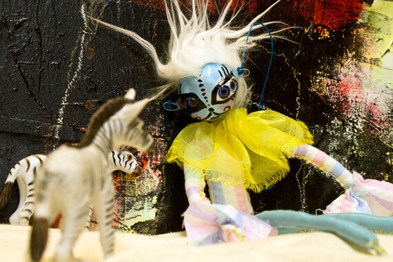 Mustache Margaret Art Doll. creepy Carnival floppy Figure Puppet White hair Big Eyes ruffle sleeves collar