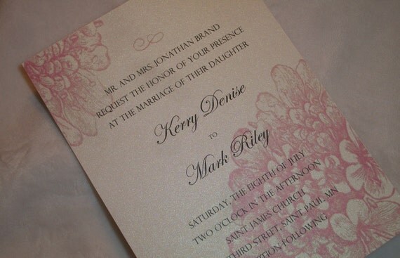 Pearl Champagne Wedding Invitation with Pink Hydrangea and Satin Ribbon