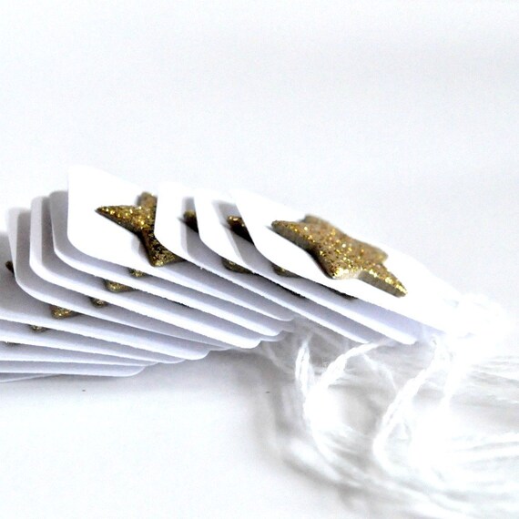 12 Gold Glitter Star Mini Tags Threaded White