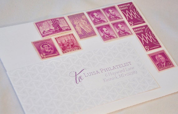 One Set of Vintage Postage Stamps - Purple / Pink / Fuscia / Magenta - mail one letter