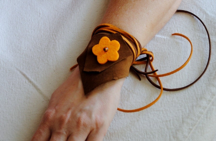 Nougat Brown Suede Leather Cuff with Vivid Yellow Felt Flower
