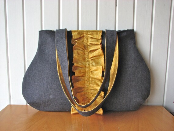 Ruffle Tote Bag in Mustard Yellow and Charcoal Grey - ready to ship