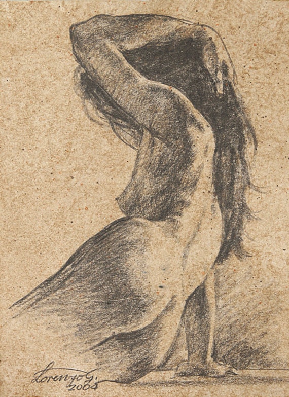 Original Fine Art Drawing - Female Nude - Charcoal - 9.5x7 inches
