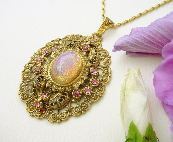 West Germany Necklace  Pink Opal Glass and by Katofmanycolors from etsy.com