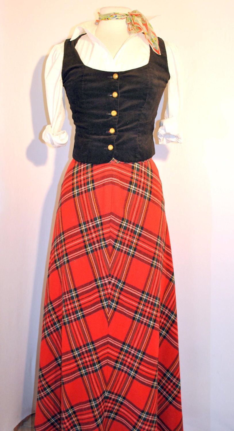 Vintage 60s Tartan plaid red wool wrap maxi skirt