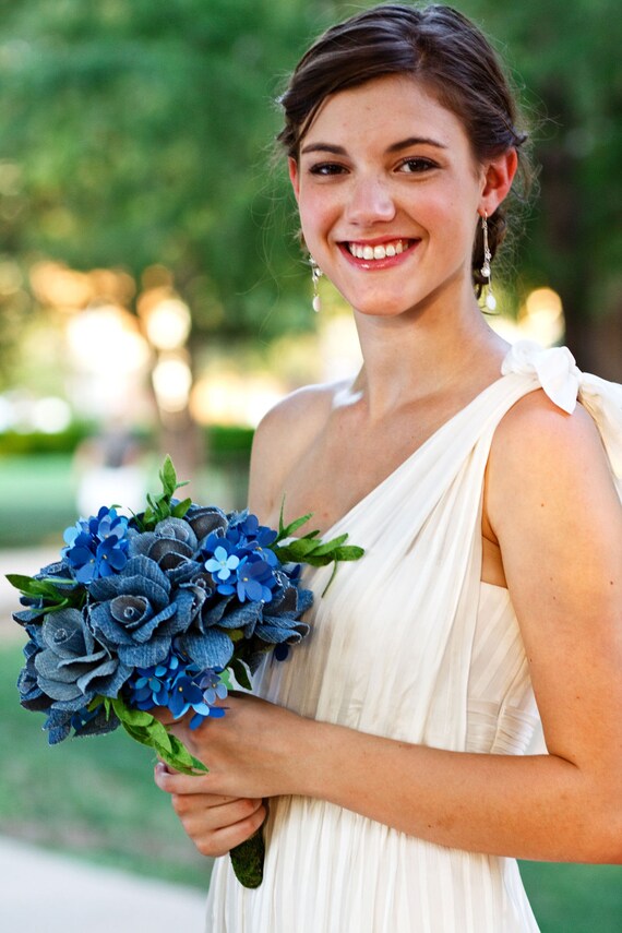 Paper flower and denim wedding bouquet - hydrangea, roses and greenery with matching boutonniere