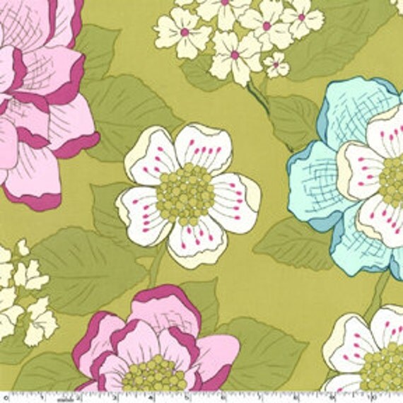 Green and Purple Floral Fabric, Secret Garden By Sandi Henderson for Michael Miller, Wallflower in Dusk, 1 Yard